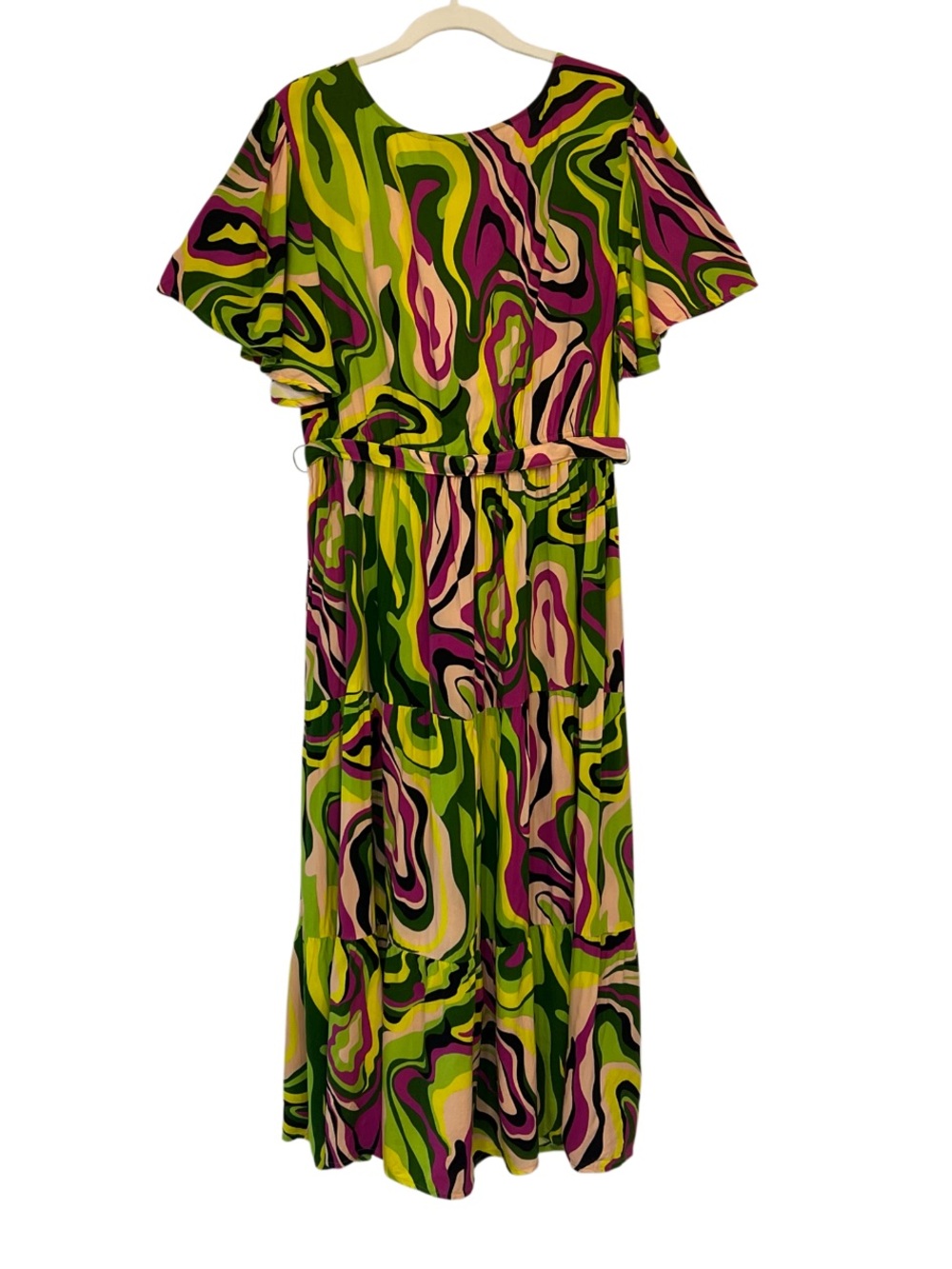Marianne 2X Psychedelic Swirl Maxi Dress Flutter Sleeve Rayon Belted - Picture 3 of 7
